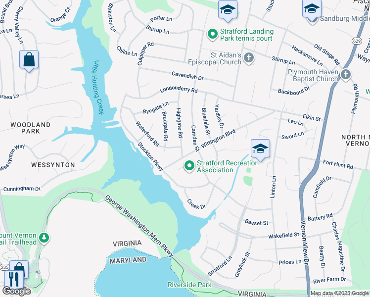 map of restaurants, bars, coffee shops, grocery stores, and more near 8717 Highgate Road in Alexandria