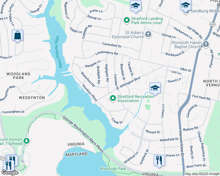map of restaurants, bars, coffee shops, grocery stores, and more near 8717 Highgate Road in Alexandria