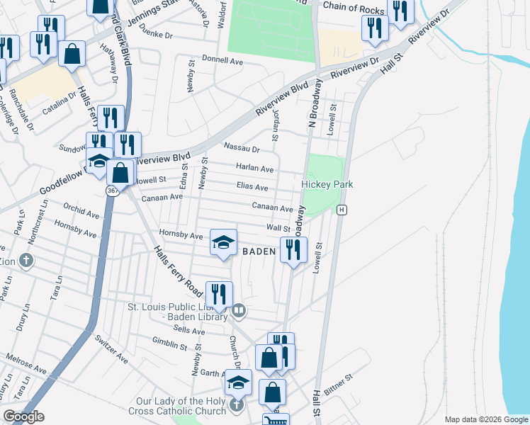 map of restaurants, bars, coffee shops, grocery stores, and more near 849 Wall Street in St. Louis