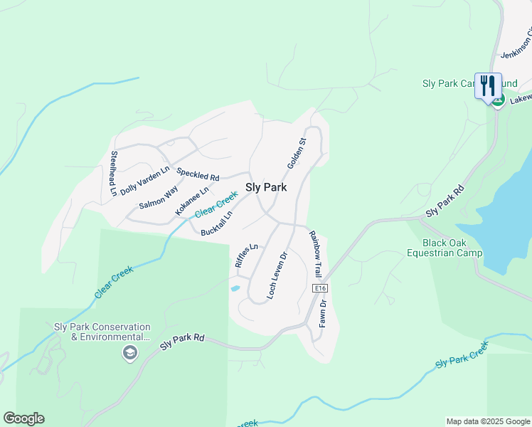 map of restaurants, bars, coffee shops, grocery stores, and more near Rainbow Trail & Golden Street in Pollock Pines