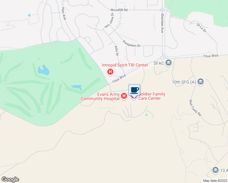 map of restaurants, bars, coffee shops, grocery stores, and more near Cochrane Circle in Fort Carson