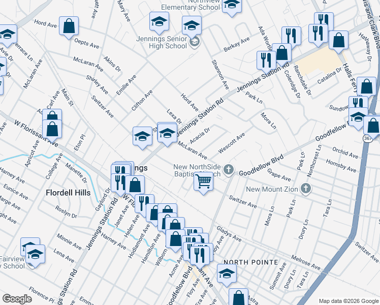 map of restaurants, bars, coffee shops, grocery stores, and more near 2018 McLaran Avenue in Jennings
