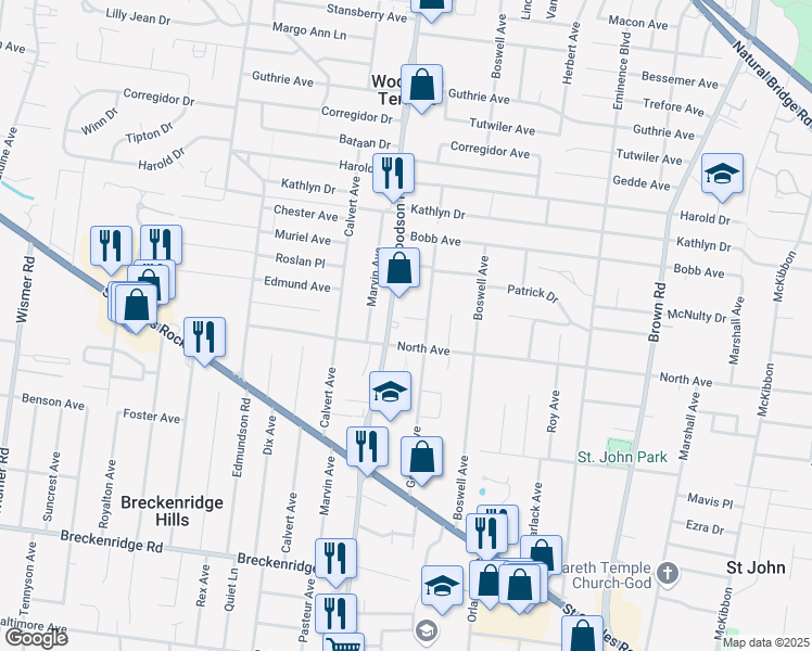 map of restaurants, bars, coffee shops, grocery stores, and more near 9229 North Avenue in St. Louis