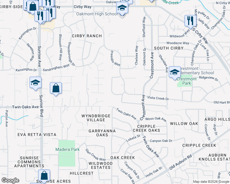 map of restaurants, bars, coffee shops, grocery stores, and more near 1535 Pine Valley Circle in Roseville