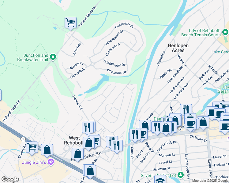 map of restaurants, bars, coffee shops, grocery stores, and more near 20 Thompson Court in Rehoboth Beach