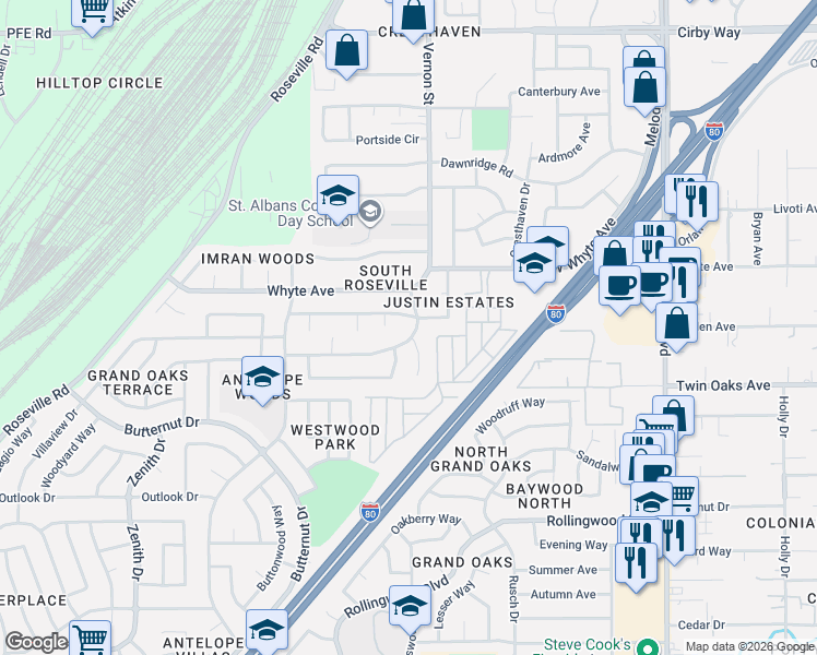 map of restaurants, bars, coffee shops, grocery stores, and more near 7219 Mountainside Drive in Citrus Heights