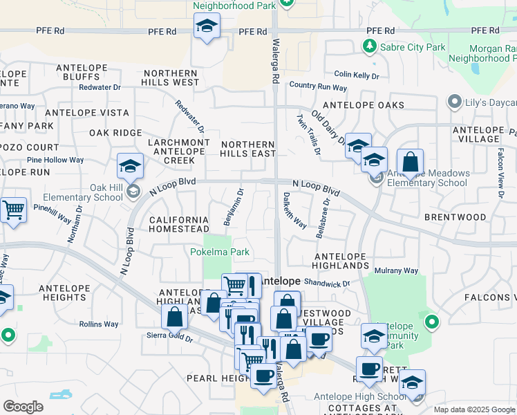 map of restaurants, bars, coffee shops, grocery stores, and more near 8303 Walerga Road in Antelope