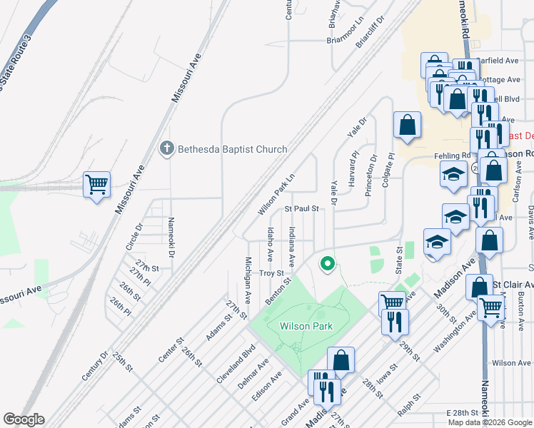 map of restaurants, bars, coffee shops, grocery stores, and more near 2906 Idaho Avenue in Granite City