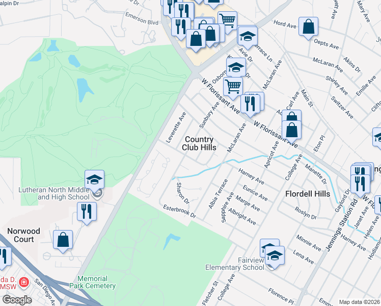 map of restaurants, bars, coffee shops, grocery stores, and more near 7417 Pleaseway Drive in St. Louis