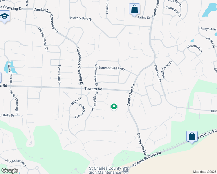 map of restaurants, bars, coffee shops, grocery stores, and more near 3846 Towers Road in St. Charles