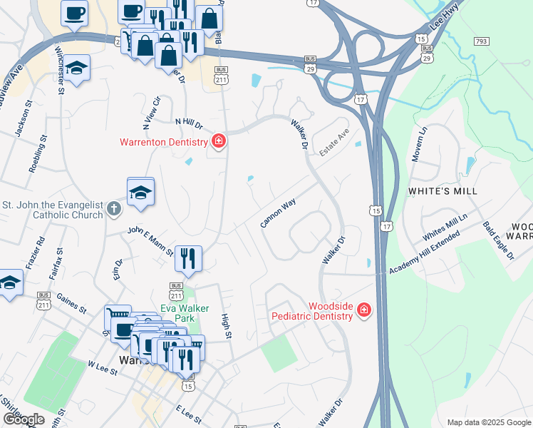 map of restaurants, bars, coffee shops, grocery stores, and more near 330 Cannon Way in Warrenton