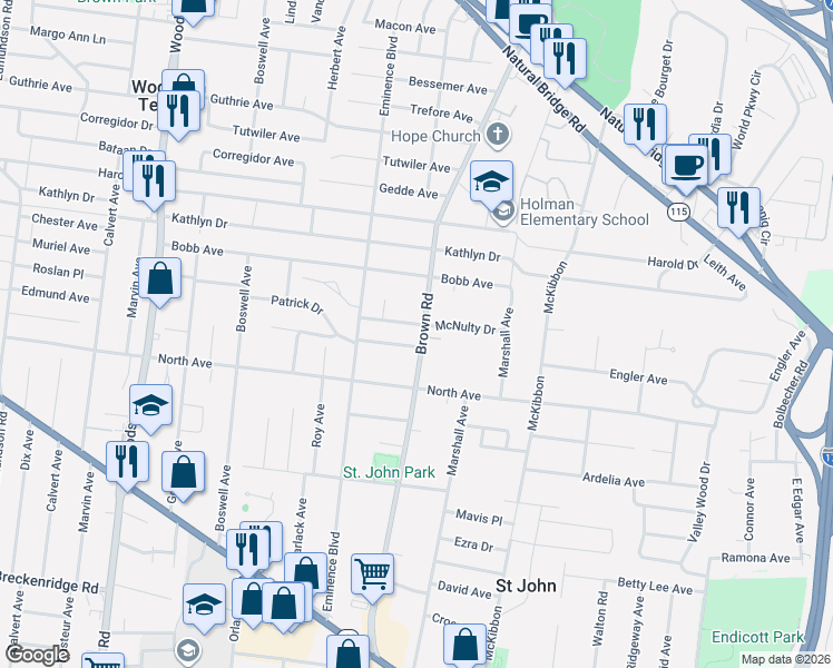 map of restaurants, bars, coffee shops, grocery stores, and more near 3724 Brown Road in St. Louis