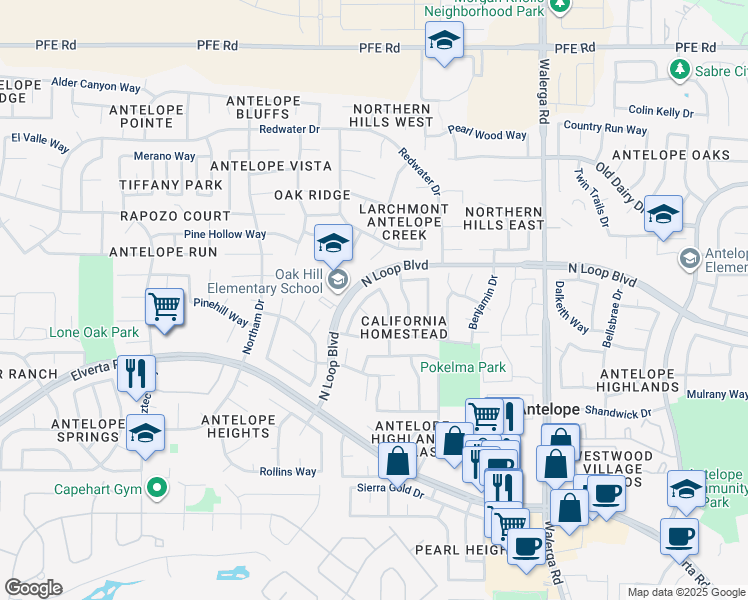 map of restaurants, bars, coffee shops, grocery stores, and more near 8346 Bramble Bush Circle in Antelope