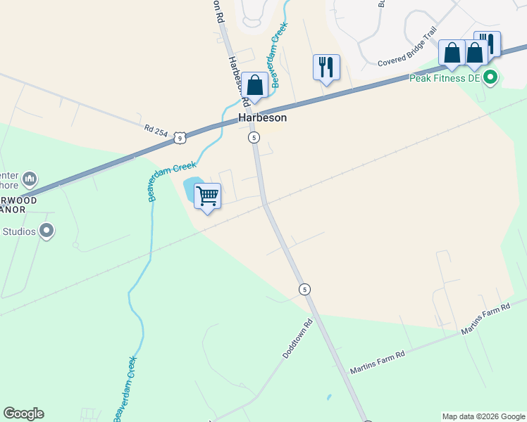 map of restaurants, bars, coffee shops, grocery stores, and more near 18746 Main Street in Harbeson