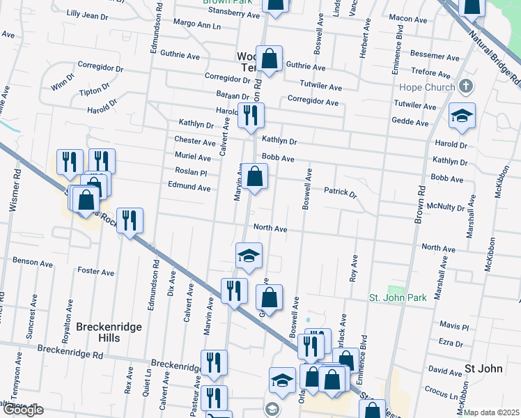 map of restaurants, bars, coffee shops, grocery stores, and more near 3602 Woodson Road in St. Louis