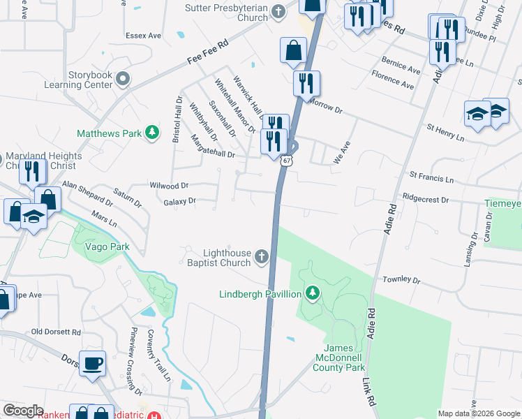 map of restaurants, bars, coffee shops, grocery stores, and more near 11316 Frontage Avenue in Maryland Heights