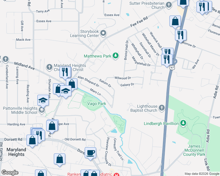 map of restaurants, bars, coffee shops, grocery stores, and more near 11076 Galaxy Drive in Maryland Heights