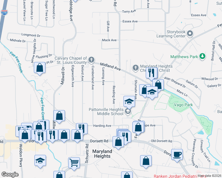 map of restaurants, bars, coffee shops, grocery stores, and more near 204 Carlson Avenue in Maryland Heights