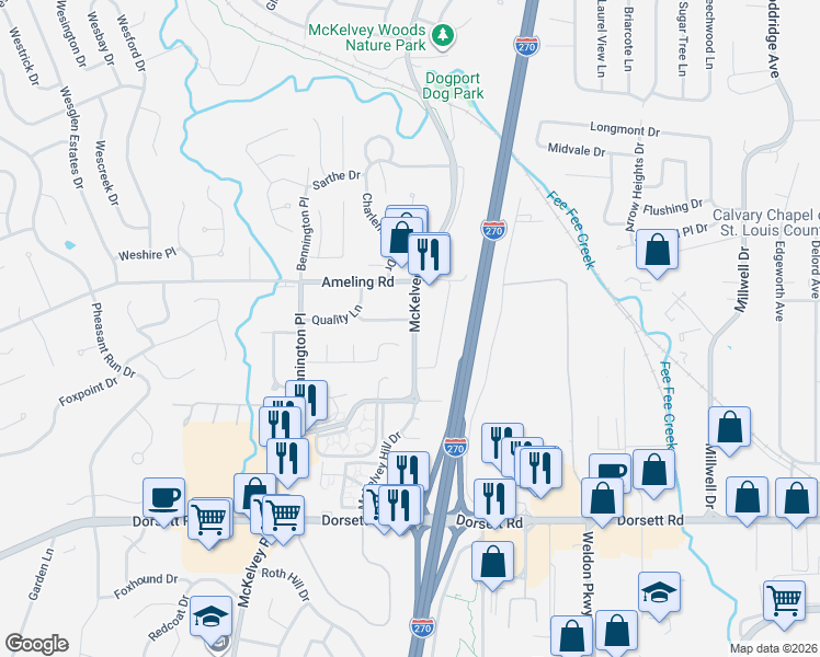 map of restaurants, bars, coffee shops, grocery stores, and more near 2263 McKelvey Road in Maryland Heights