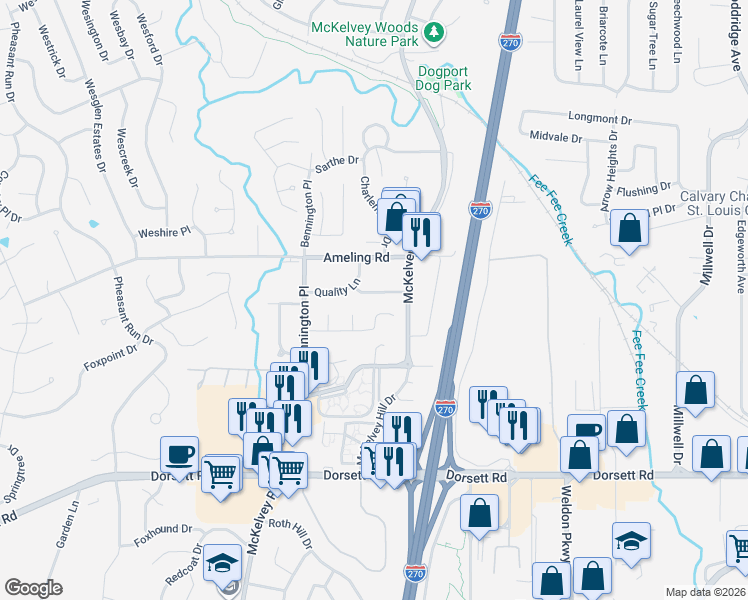 map of restaurants, bars, coffee shops, grocery stores, and more near 11827 Welcome Drive in Maryland Heights