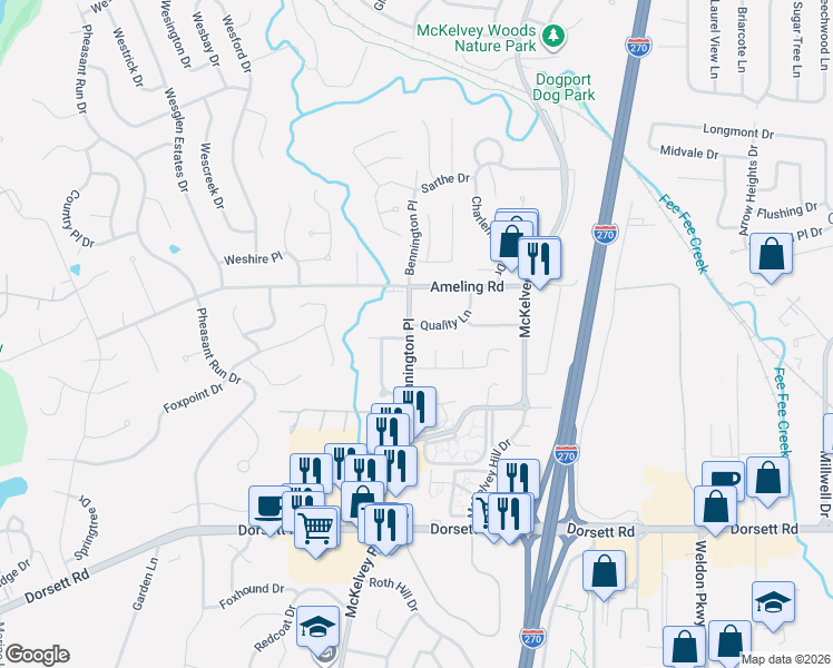 map of restaurants, bars, coffee shops, grocery stores, and more near 2275 Bennington Place in Maryland Heights