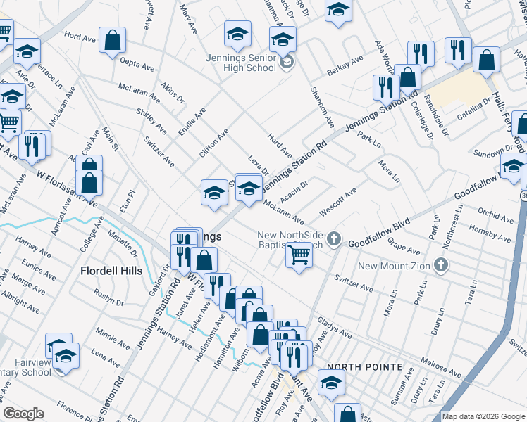 map of restaurants, bars, coffee shops, grocery stores, and more near 2049 McLaran Avenue in Jennings