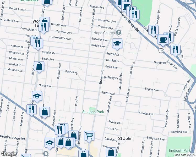 map of restaurants, bars, coffee shops, grocery stores, and more near 3724 Brown Road in St. Louis