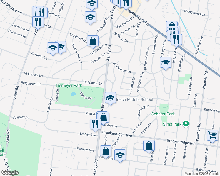 map of restaurants, bars, coffee shops, grocery stores, and more near 10406 Saint Katherine Lane in Saint Ann