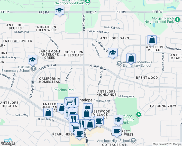 map of restaurants, bars, coffee shops, grocery stores, and more near 8304 Dalkeith Way in Antelope