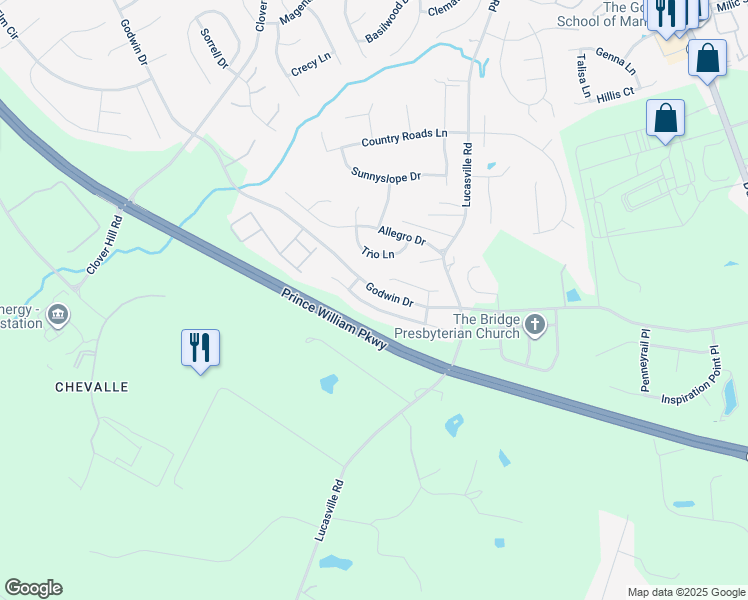 map of restaurants, bars, coffee shops, grocery stores, and more near 9556 Mountwood Drive in Manassas