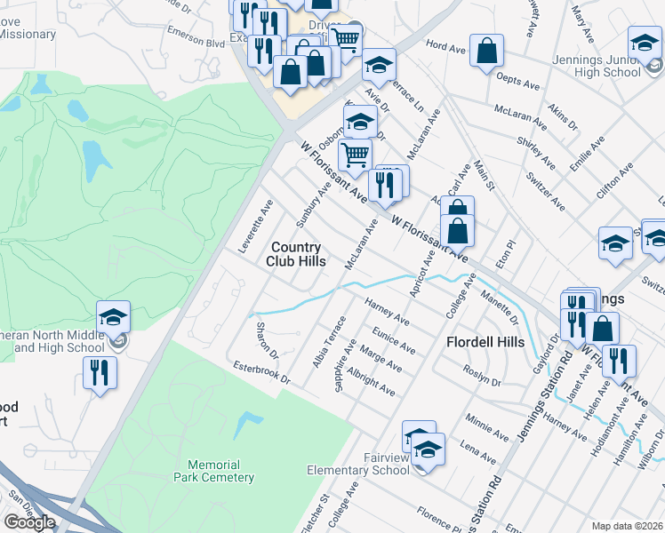 map of restaurants, bars, coffee shops, grocery stores, and more near 5640 Curry Avenue in Saint Louis