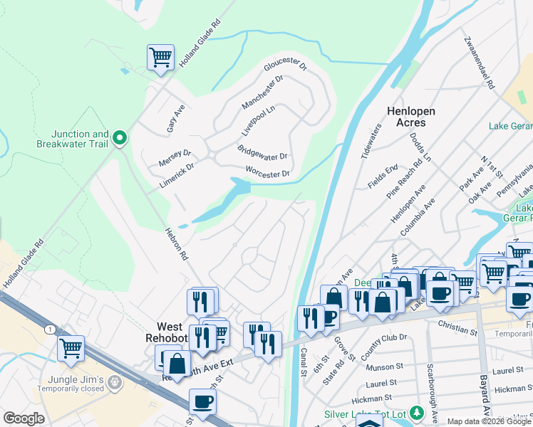 map of restaurants, bars, coffee shops, grocery stores, and more near 34 Wades Court in Rehoboth Beach