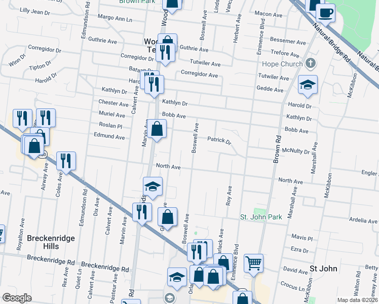 map of restaurants, bars, coffee shops, grocery stores, and more near 3635 Boswell Avenue in St. Louis
