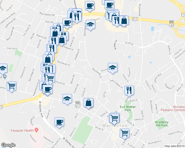 map of restaurants, bars, coffee shops, grocery stores, and more near 81 Old Orchard Lane in Warrenton