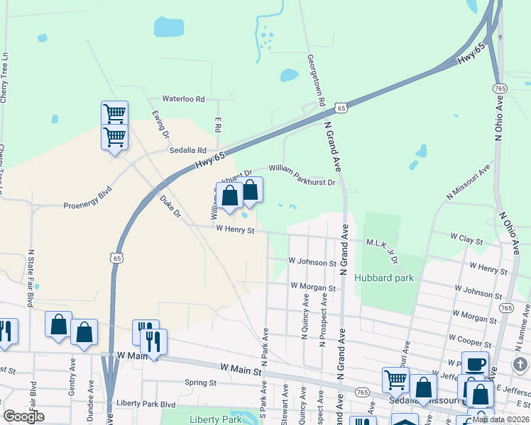 map of restaurants, bars, coffee shops, grocery stores, and more near 1120 West Henry Street in Sedalia