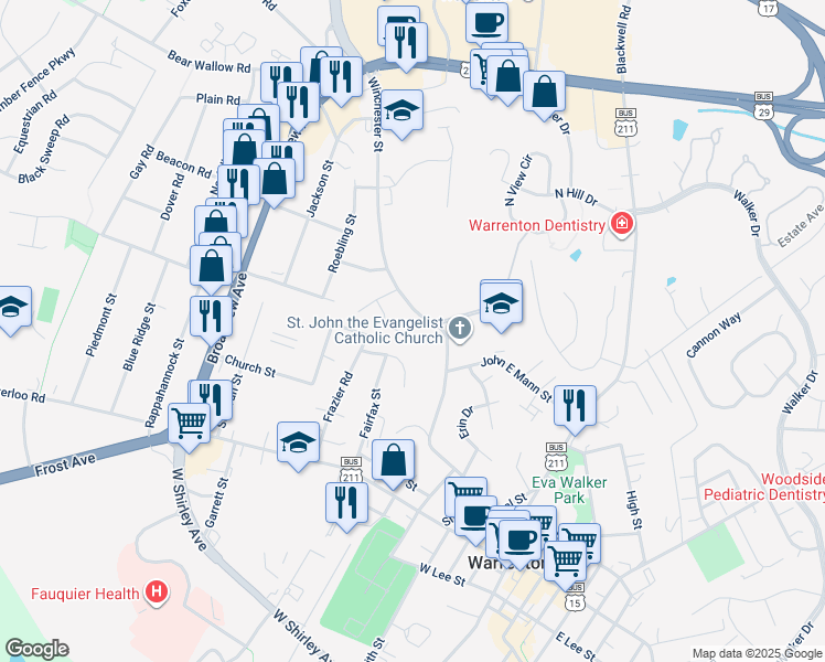 map of restaurants, bars, coffee shops, grocery stores, and more near 81 Old Orchard Lane in Warrenton