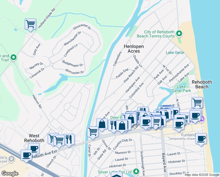 map of restaurants, bars, coffee shops, grocery stores, and more near 89 Tidewaters in Rehoboth Beach