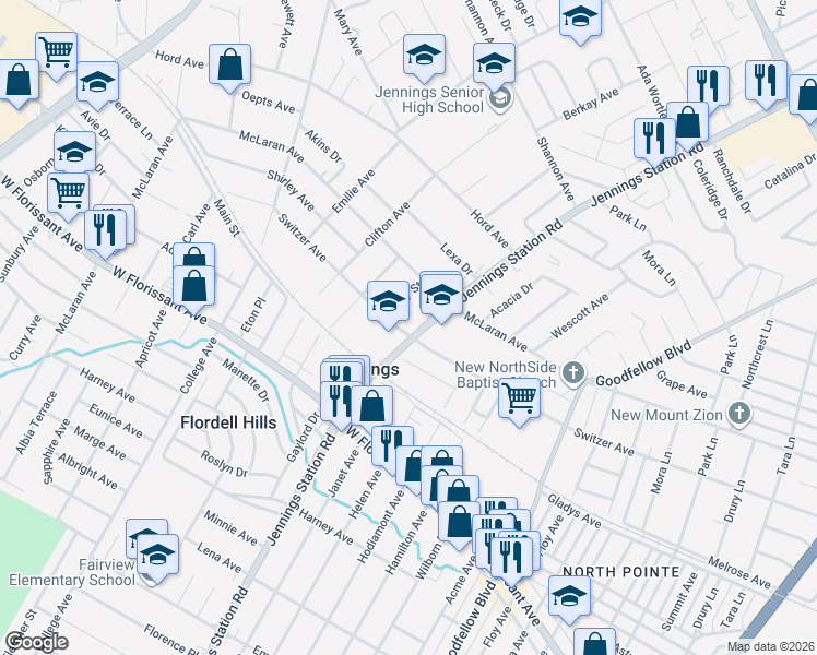 map of restaurants, bars, coffee shops, grocery stores, and more near 8629 Jennings Station Road in Jennings