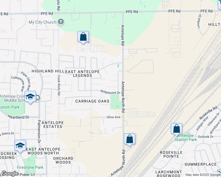 map of restaurants, bars, coffee shops, grocery stores, and more near 5828 Stroud Court in Antelope