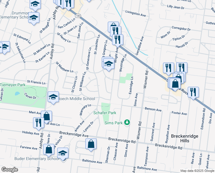 map of restaurants, bars, coffee shops, grocery stores, and more near 3434 Saint Mark Lane in Saint Ann