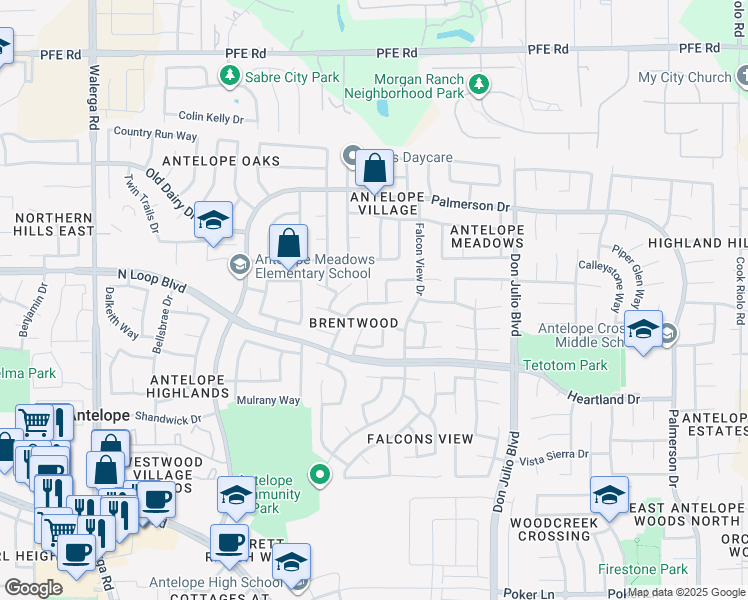 map of restaurants, bars, coffee shops, grocery stores, and more near 8337 Elegans Court in Antelope