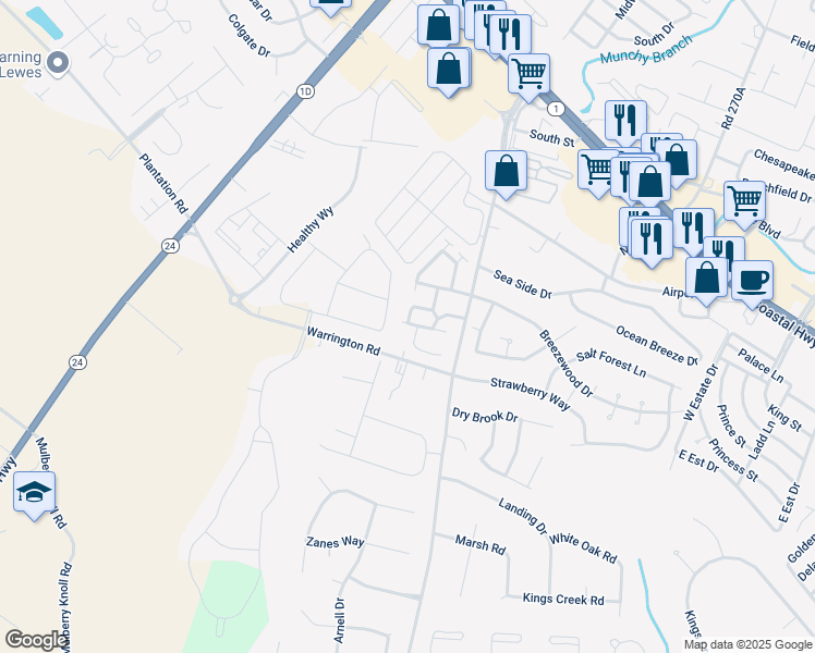 map of restaurants, bars, coffee shops, grocery stores, and more near 4 Aegean Way in Rehoboth Beach