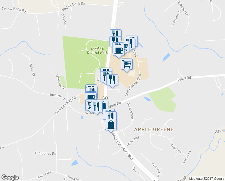 map of restaurants, bars, coffee shops, grocery stores, and more near 10371 Southern Maryland Blvd in Dunkirk