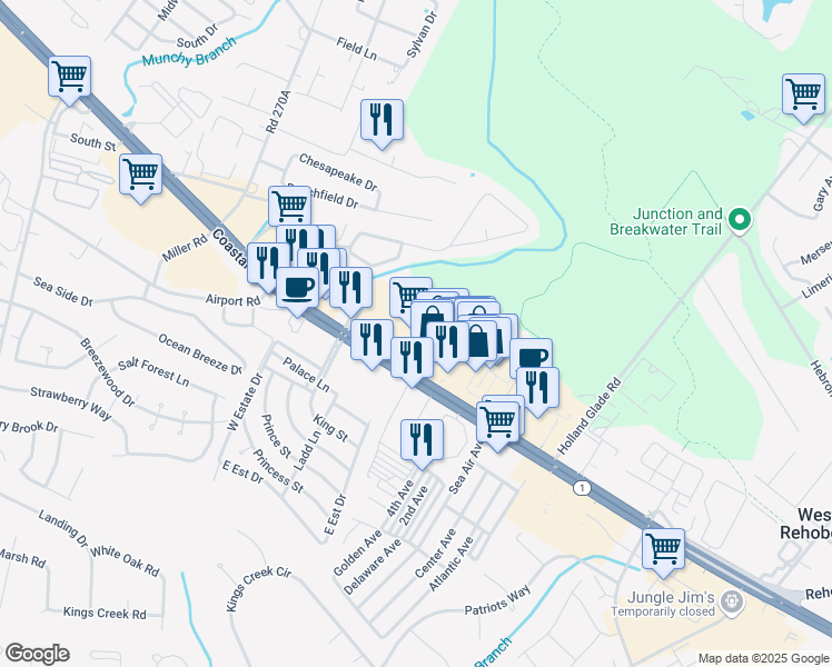 map of restaurants, bars, coffee shops, grocery stores, and more near 19563 Coastal Highway in Rehoboth Beach