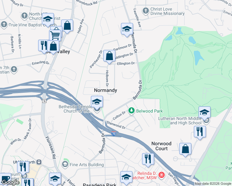 map of restaurants, bars, coffee shops, grocery stores, and more near 5526 Winchelsea Drive in St. Louis