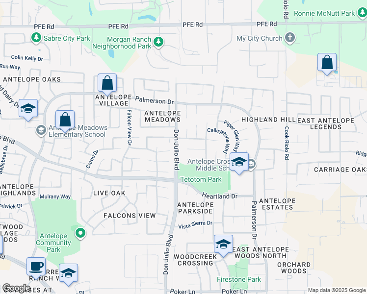 map of restaurants, bars, coffee shops, grocery stores, and more near 5112 Perth Glen Drive in Sacramento