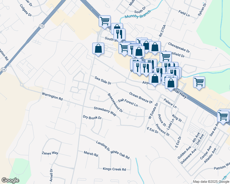 map of restaurants, bars, coffee shops, grocery stores, and more near 204 Loganberry Lane in Rehoboth Beach
