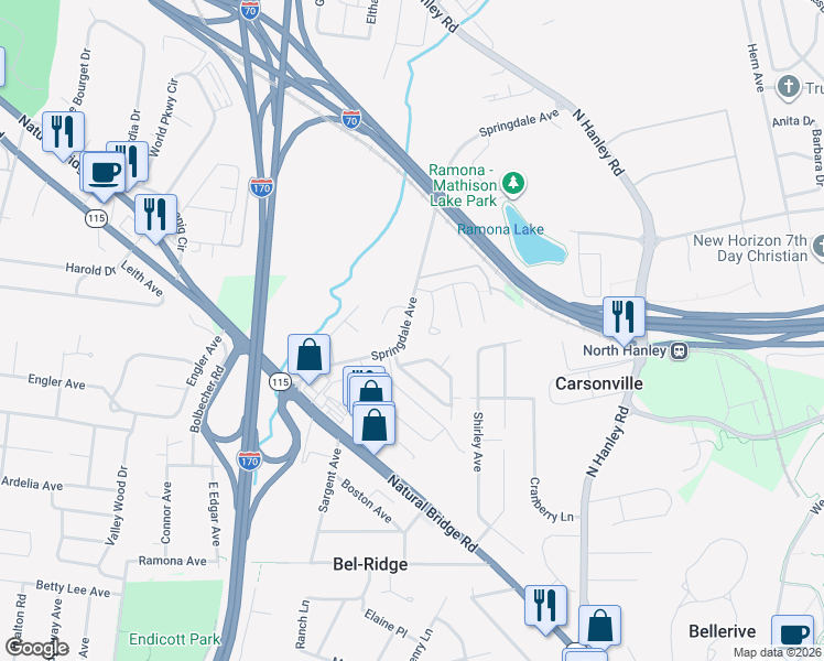map of restaurants, bars, coffee shops, grocery stores, and more near 4323 Rickey Drive in St. Louis
