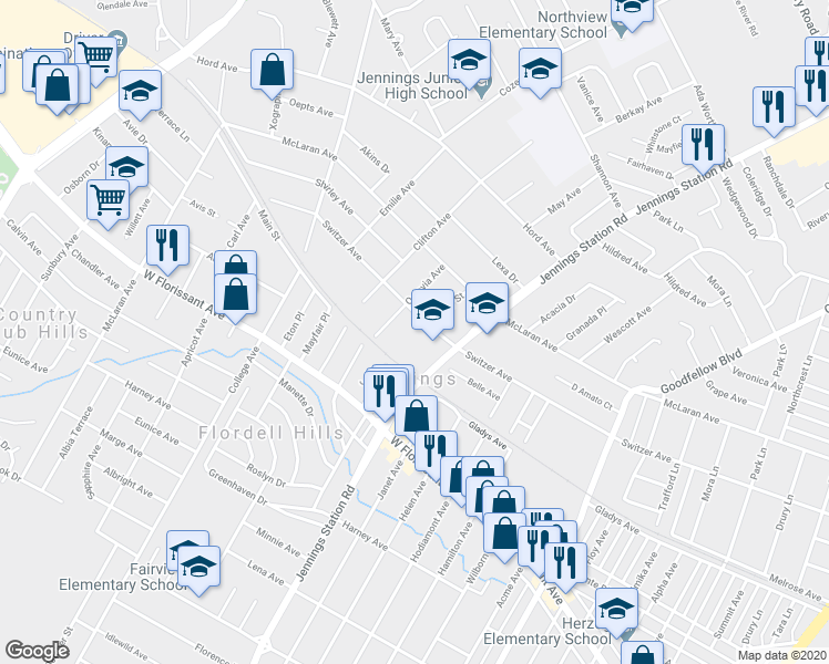 map of restaurants, bars, coffee shops, grocery stores, and more near 2125 Switzer Avenue in Jennings