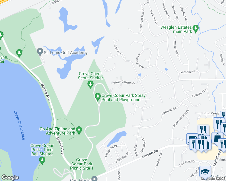 map of restaurants, bars, coffee shops, grocery stores, and more near 2212 Canyonlands Drive in Maryland Heights